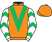 Orange, emerald green chevron, white sleeves, emerald green chevrons, orange cap}