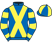 Royal blue, yellow cross belts, hooped sleeves, quartered cap}