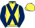 Yellow, dark blue cross sashes and sleeves, yellow cap}