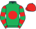 Emerald green, red disc, red and emerald green hooped sleeves, red cap}