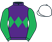 Purple, emerald green triple diamond and sleeves, white cap}