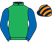Emerald green, royal blue sleeves, black and orange striped cap}