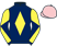 Dark blue, yellow diamond, diabolo on sleeves, pink cap}