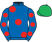 Royal blue, large red spots, royal blue sleeves, red spots, emerald green cap}