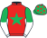 Red, emerald green star, emerald green and white halved sleeves, emerald green cap, red stars}