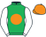 Emerald green, orange disc, white sleeves, orange cap}