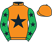 Orange, black star, emerald green sleeves, black stars, orange cap}