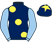 Dark blue, large yellow spots, light blue sleeves, dark blue cap, yellow star}