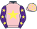 Pink, yellow star, purple sleeves, yellow stars, pink cap, yellow stars}