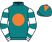 Teal, bright orange spot, white sleeves, teal hoops, tela cap, bright orange diamond}