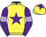 Yellow, purple star, purple sleeves, mauve armlets, yellow cap, purple star}