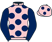 Pink, dark blue spots, sleeves and spots on cap}