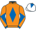 Orange, royal blue diamond, royal blue and orange diabolo on sleeves, white cap, royal blue diamond}