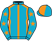 Turquoise, orange seams, turquoise sleeves, orange stars, halved cap}
