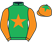 Emerald green, orange star and sleeves, orange cap, emerald green star}