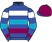 Blue, white, turquoise, purple hoops, hooped sleeves, purple cap, blue peak}