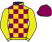 Purple and gold checks, yellow sleeves, purple cap
