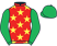 Red, yellow stars, emerald green sleeves and cap}