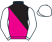 Magenta and black halved diagonally, white sleeves and cap}
