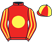 Red, yellow disc, striped sleeves, quartered cap}