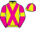 Yellow, magenta crossed sashes and sleeves, yellow armbands, quartered cap}