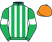 Emerald green and white stripes, emerald green sleeves, white armlets, orange cap}