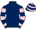 Dark blue, pink hooped sleeves and cap}