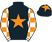 Black, orange star, white and orange check sleeves, black cap, orange star}