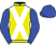 Yellow, white crossed sashes, blue sleeves and cap}