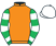 Orange, emerald green and white hooped sleeves, white cap}