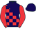 Navy blue, red and navy blue checked diagonally, red sleeves, navy cap.}