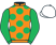 Orange, emerald green spots, emerald green sleeves, white cap}