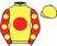Yellow, red disc, red sleeves, yellow spots, yellow cap}