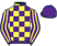 Yellow and purple check, purple and yellow striped sleeves, purple cap}