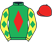 Emerald green, red diamond, yellow sleeves, emerald green diamonds, red cap}