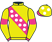 Yellow,pink sash with white spots, pink armbands and cuffs,yellow cap white spots, pink peak}