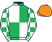 White & emerald green quartered, check sleeves, orange cap}