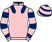 Pink, dark blue epaulettes, hooped sleeves and cap}