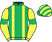Emerald green, yellow braces, yellow sleeves, emerald green armlets, emerald green and yellow striped cap}
