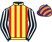 Yellow and red stripes, black and white striped sleeves, purple and orange striped cap}