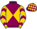 Purple and gold qtd diagonally, gold sleeves,purple chevrons,checked diamond cap,purple peak}