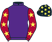 Purple, maroon sleeves, yellow stars, black cap, yellow stars