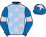 Light blue, pink stars, royal blue sleeves, pink armlets and star on royal blue cap}