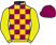 Purple and gold checks, yellow sleeves, purple cap}