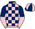 Dark blue and pink check, halved sleeves, dark blue and pink quartered cap}