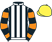 White and black stripes, black and orange hooped sleeves, yellow cap}