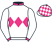 White, pink band of diamonds, white sleeves, pink collar and cuffs, checked diamond cap, white peak}