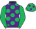 Purple, emerald green spots, emerald green sleeves, emerald green cap, purple spots}