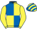 Royal blue and yellow quartered, yellow sleeves, striped cap}