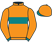 Orange, teal hoop and cuffs, orange sleeves and cap, teal peak}